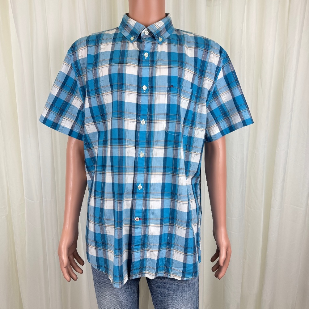 Men's Tommy Hilfiger Classic Fit Short Sleeve Plaid Shirt Blue Size XL
